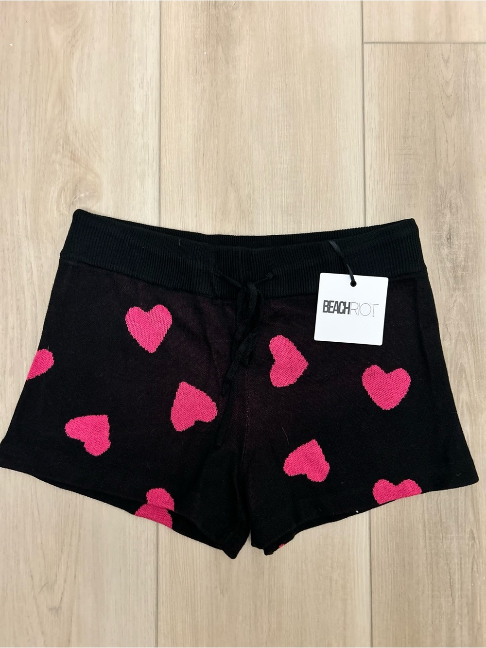 Beach Riot Black Knit Shorts with Pink Heart Print